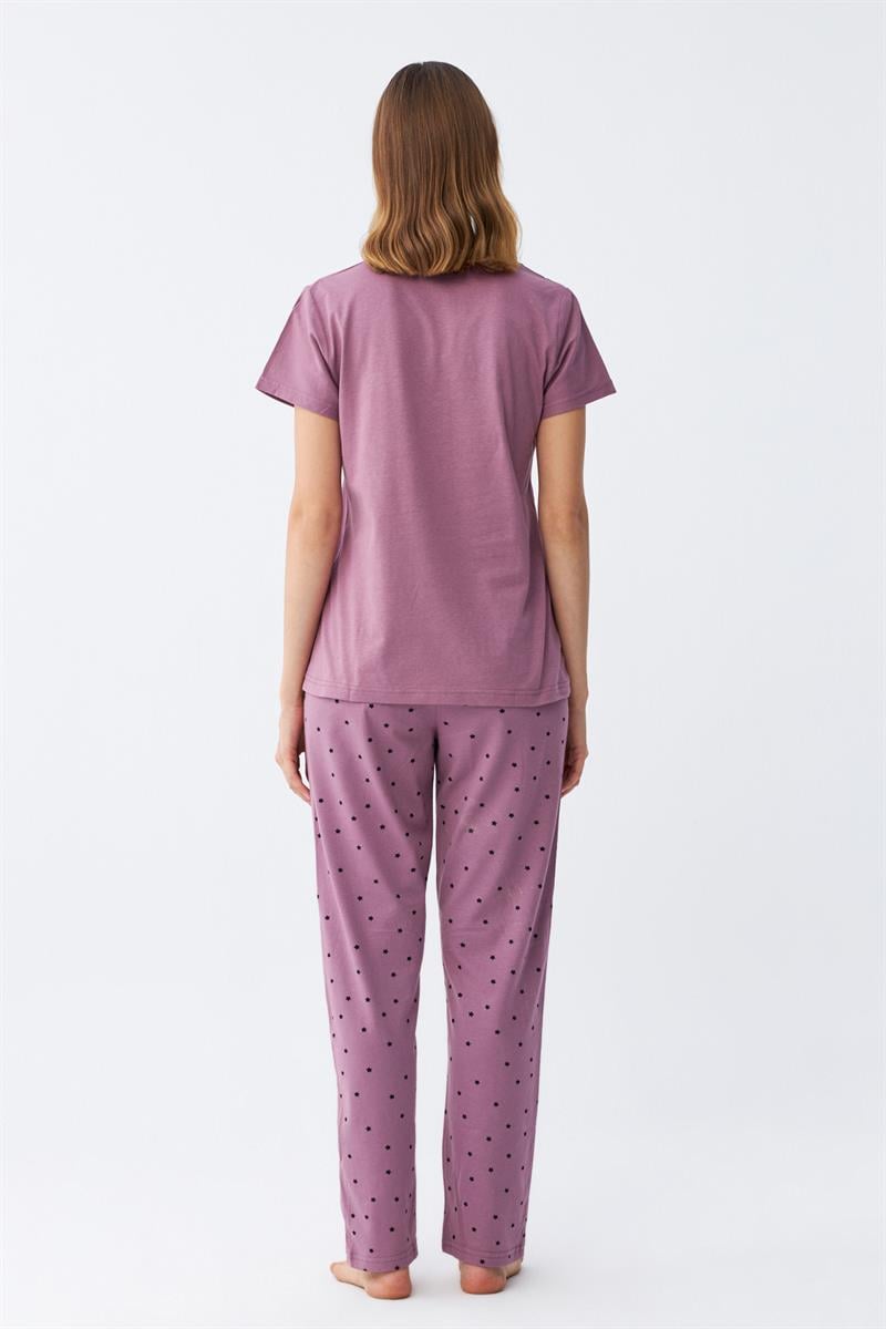 Kadın Mor Yıldız Desenli Kısa Kol Pijama Takımı