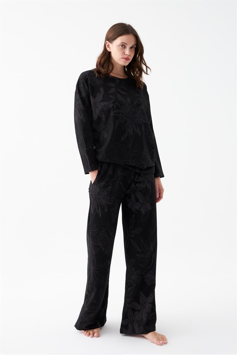 Akbeniz Women's Oversize Black Floral Print Cotton Pajama Set