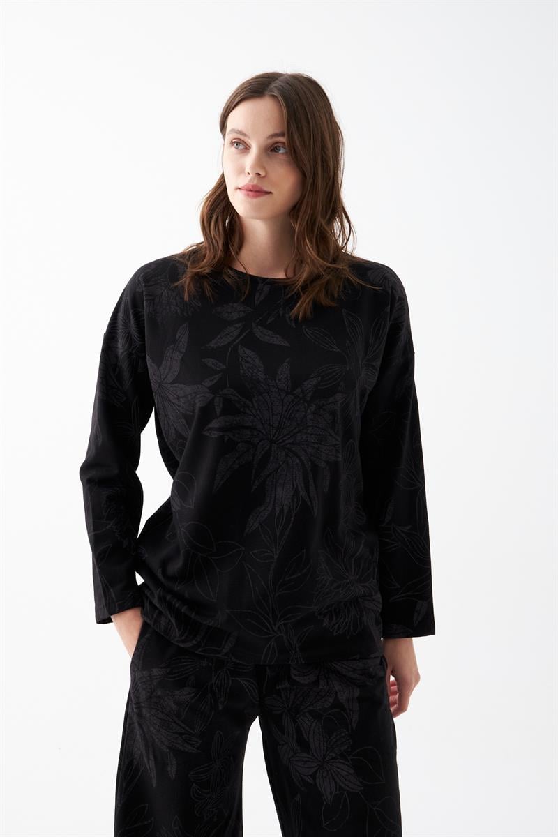 Akbeniz Women's Oversize Black Floral Print Cotton Pajama Set