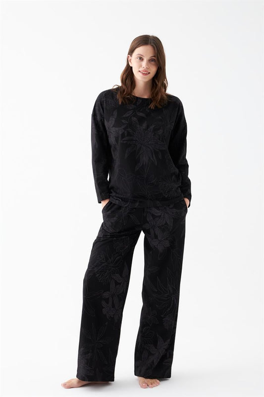 Akbeniz Women's Oversize Black Floral Print Cotton Pajama Set