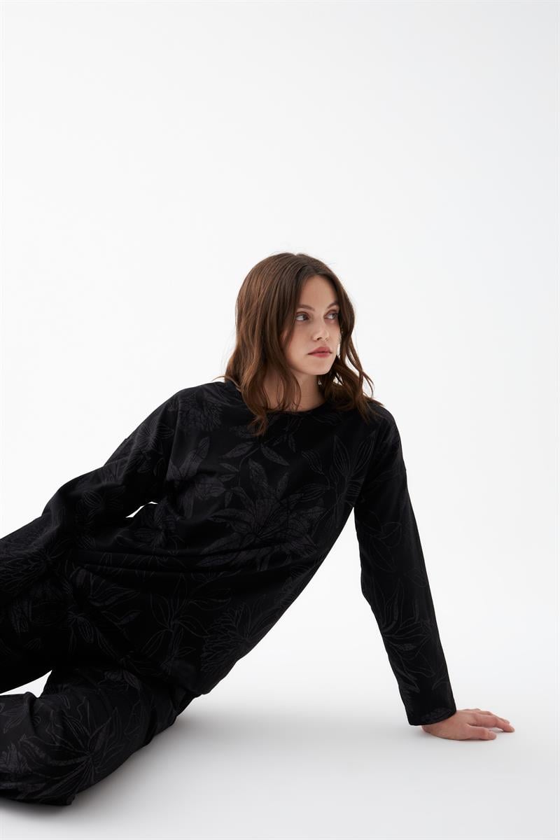 Akbeniz Women's Oversize Black Floral Print Cotton Pajama Set