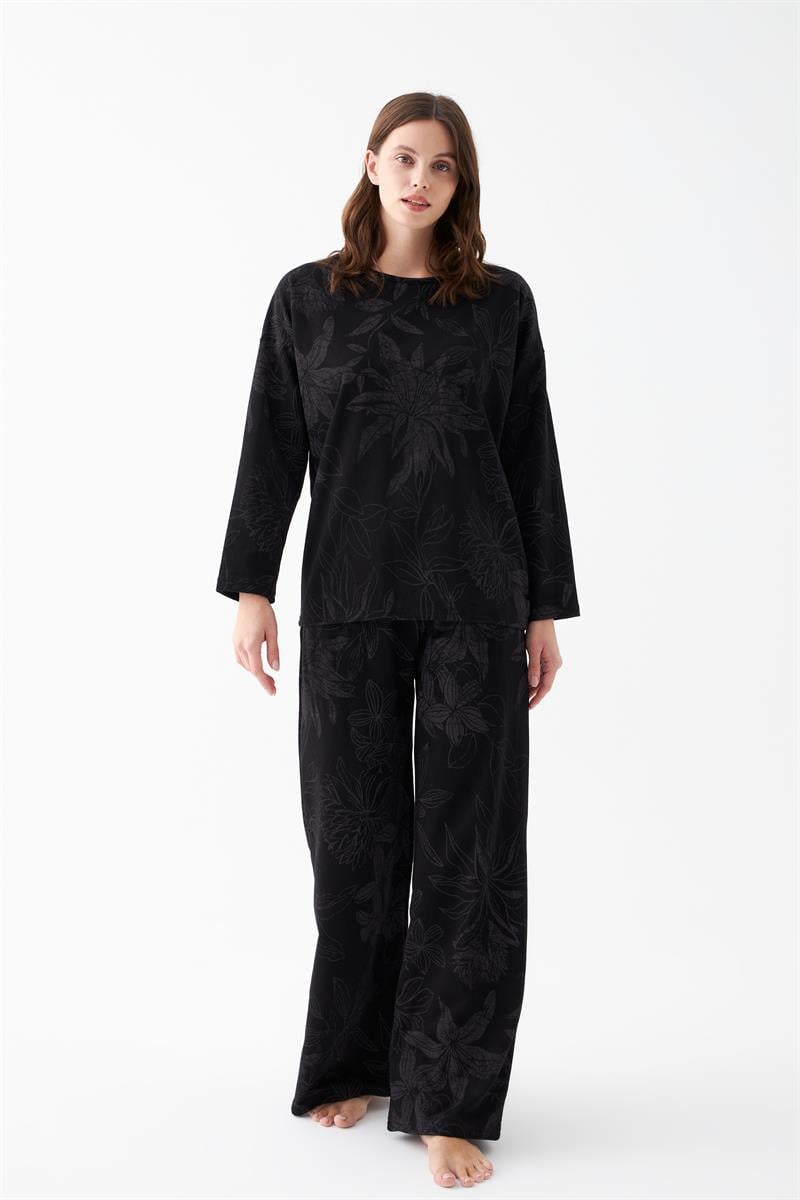 Akbeniz Women's Oversize Black Floral Print Cotton Pajama Set