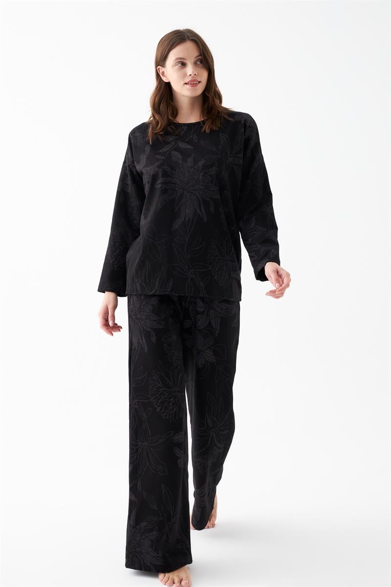 Akbeniz Women's Oversize Black Floral Print Cotton Pajama Set