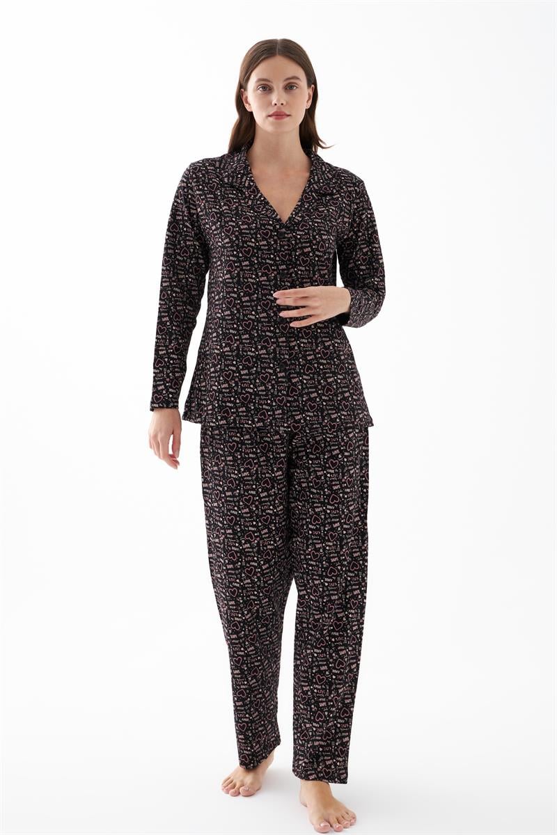 Akbeniz Women's Black Button-Up Heart Pattern Cotton Pajama Set