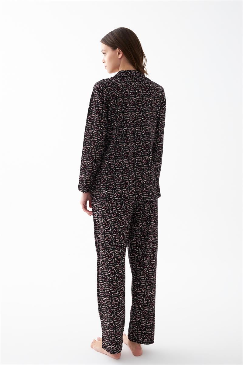 Akbeniz Women's Black Button-Up Heart Pattern Cotton Pajama Set