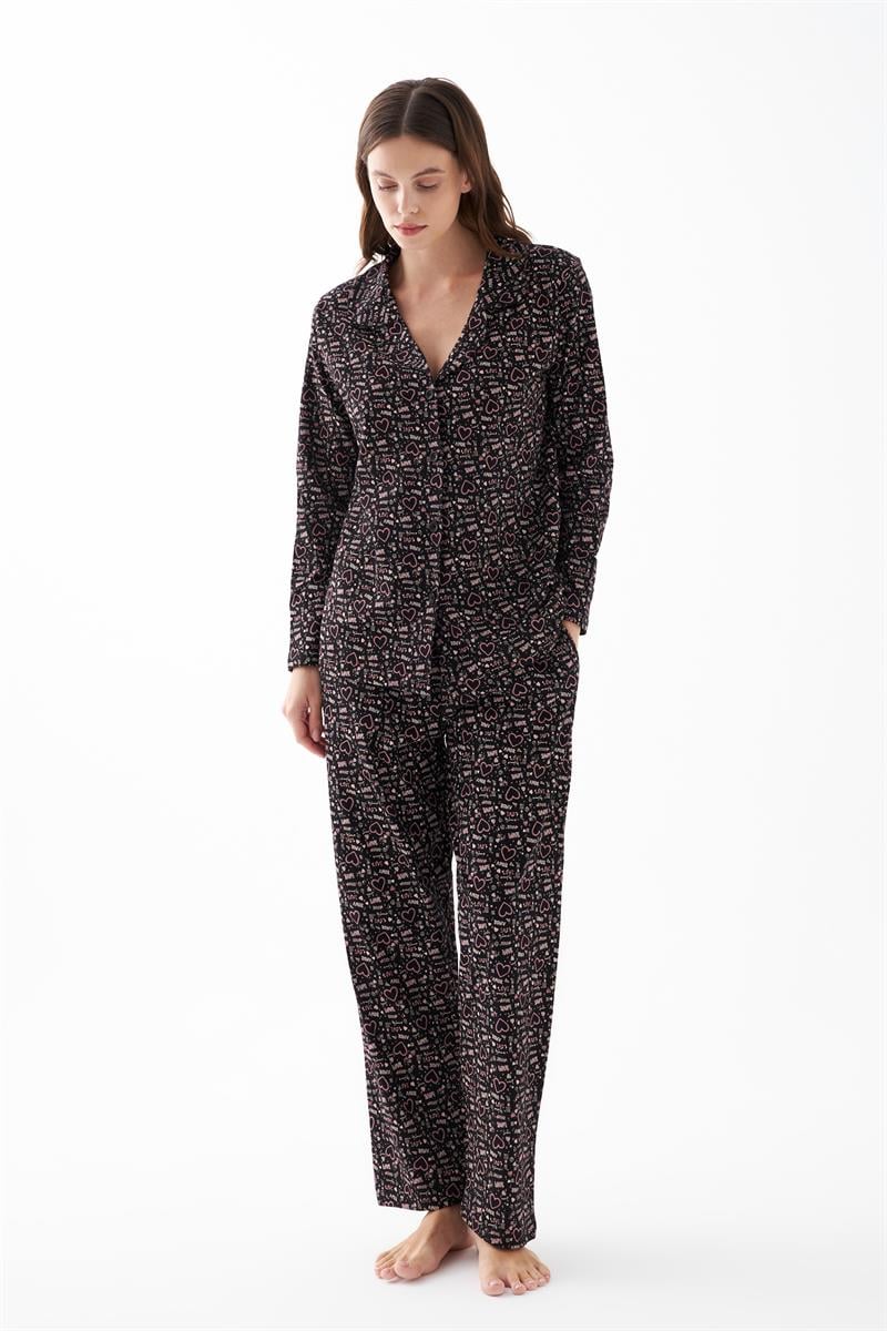 Akbeniz Women's Black Button-Up Heart Pattern Cotton Pajama Set