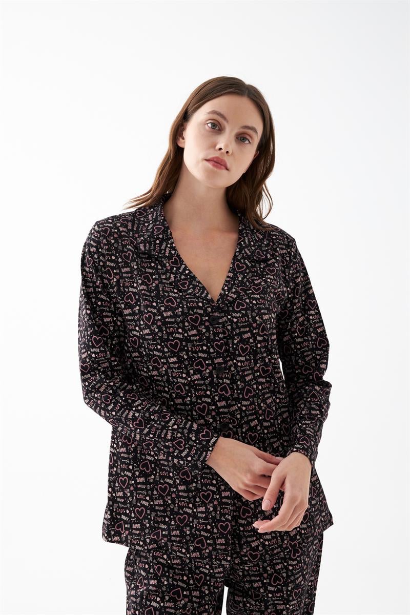 Akbeniz Women's Black Button-Up Heart Pattern Cotton Pajama Set