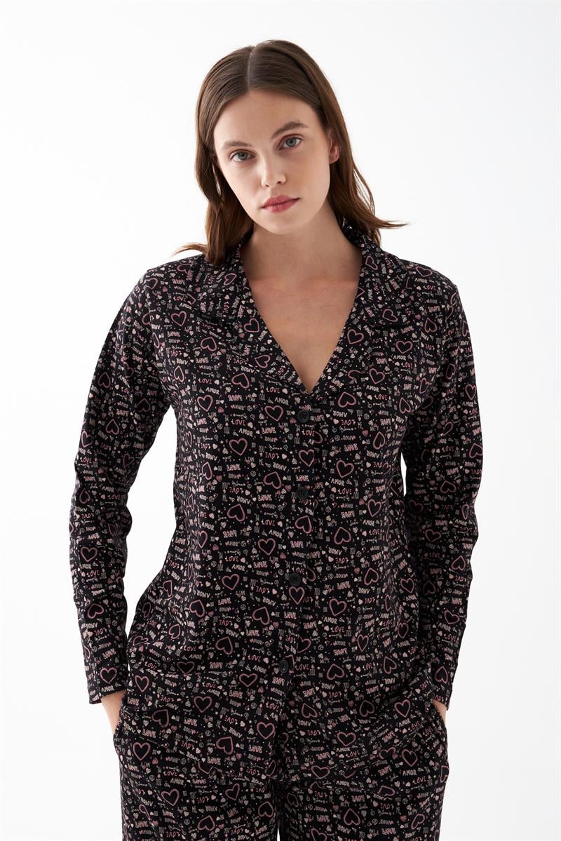 Akbeniz Women's Black Button-Up Heart Pattern Cotton Pajama Set