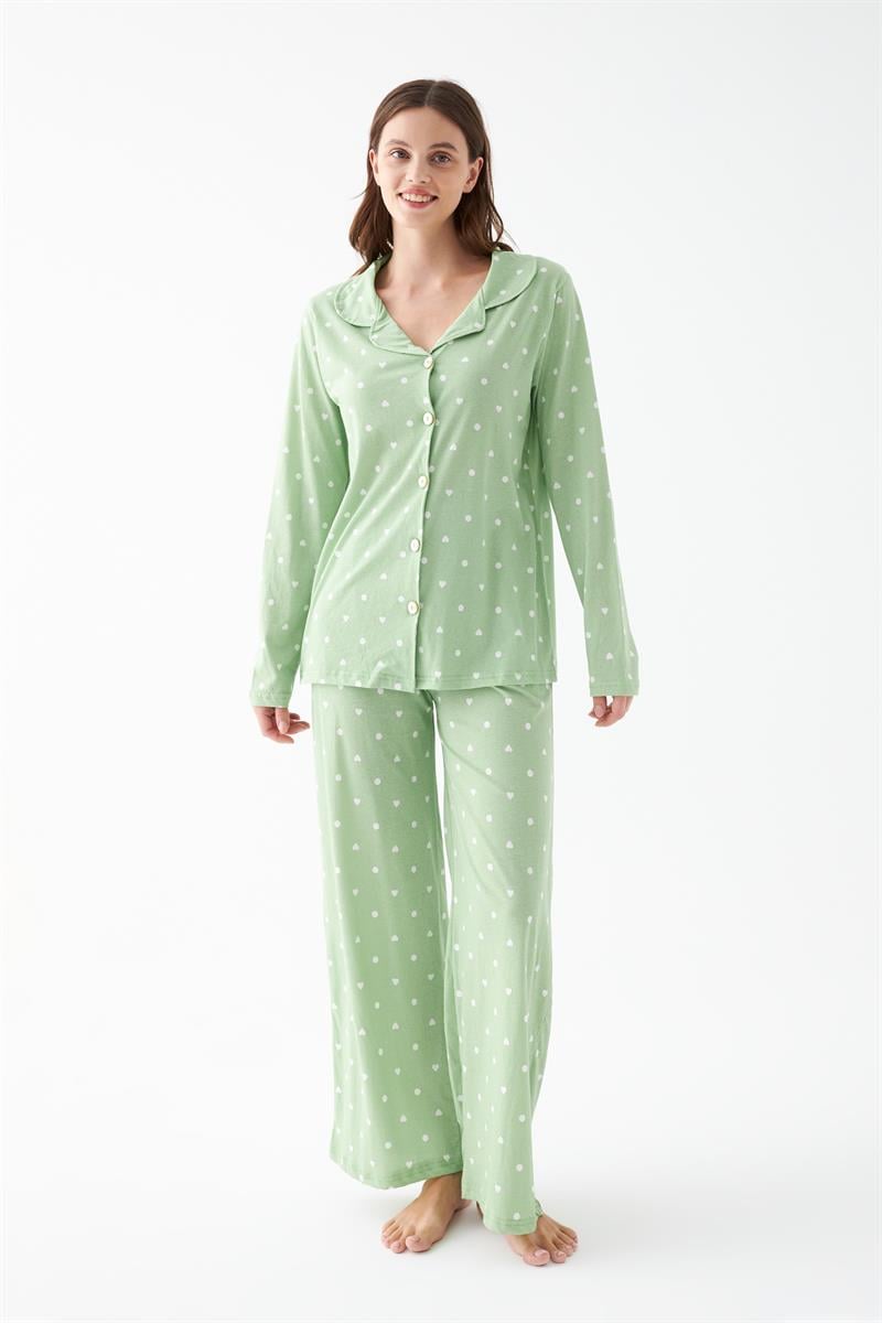 Akbeniz Women's Green Heart Print Button-Up Cotton Pajama Set
