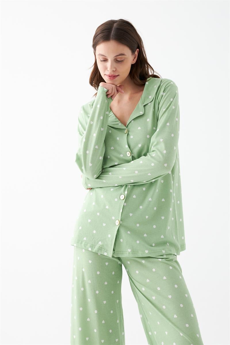 Akbeniz Women's Green Heart Print Button-Up Cotton Pajama Set
