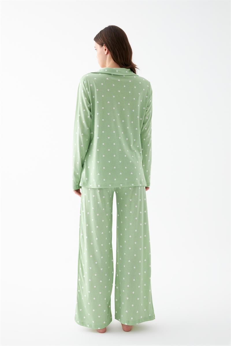 Akbeniz Women's Green Heart Print Button-Up Cotton Pajama Set