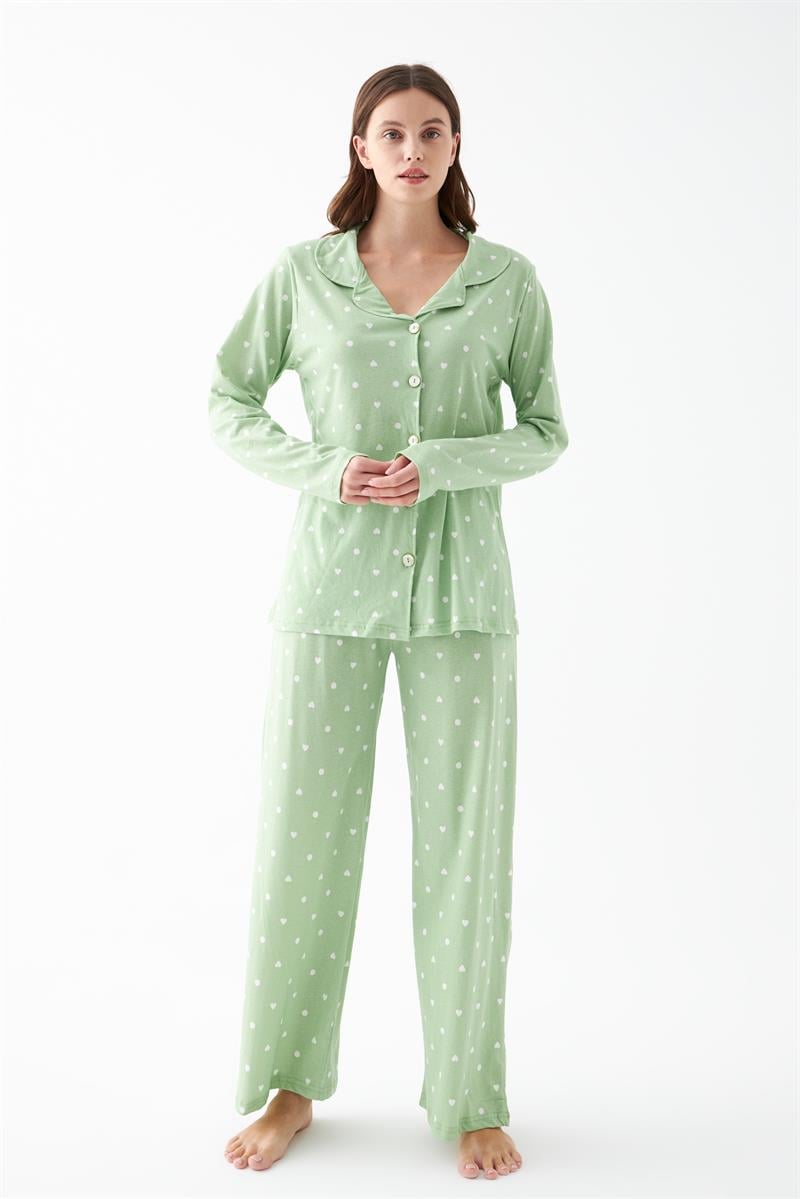 Akbeniz Women's Green Heart Print Button-Up Cotton Pajama Set