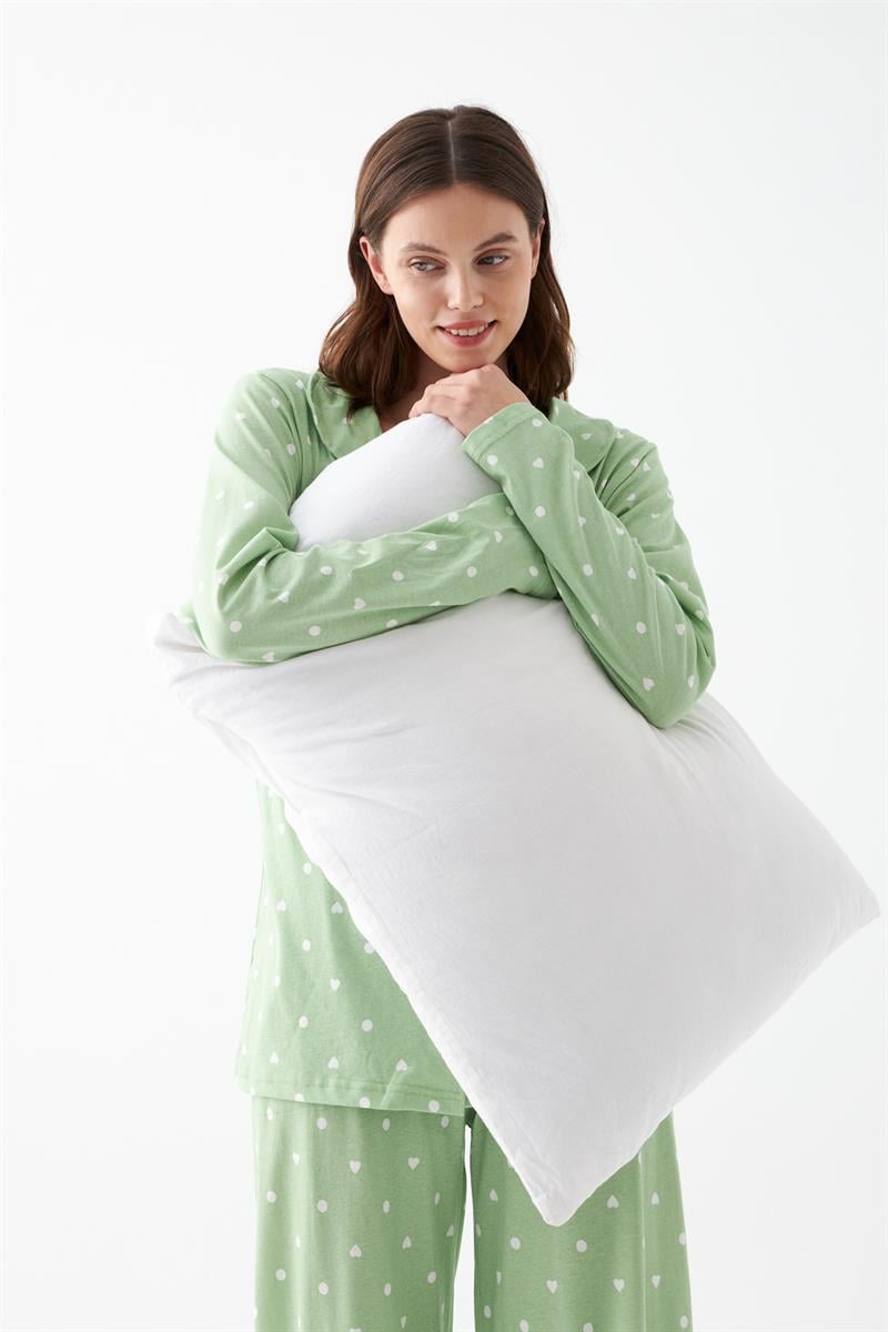 Akbeniz Women's Green Heart Print Button-Up Cotton Pajama Set