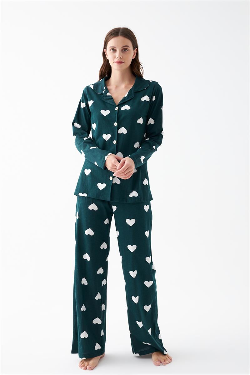 Akbeniz Women's Emerald Green Heart Patterned Buttoned Cotton Pajama Set