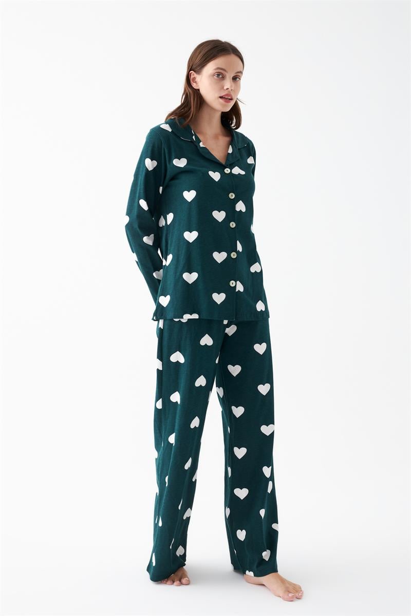 Akbeniz Women's Emerald Green Heart Patterned Buttoned Cotton Pajama Set