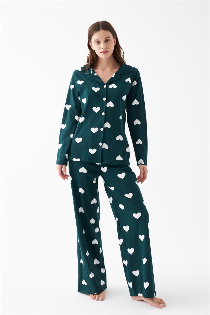 Akbeniz Women's Emerald Green Heart Patterned Buttoned Cotton Pajama Set