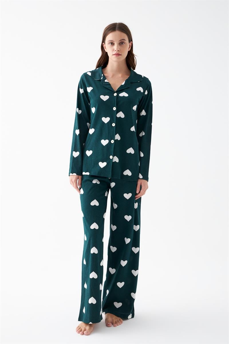 Akbeniz Women's Emerald Green Heart Patterned Buttoned Cotton Pajama Set